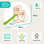 The Buttercup Cottage Wooden Playhouse with Deck, Swing Arm & 6ft Wavy Slide from TP Toys is a spacious outdoor playhouse (380x178x219cm), designed for ages 3 and up. FSC® certified, this playhouse features a green wavy slide, single swing arm, and comes pre-panelled and pre-drilled for easy assembly.