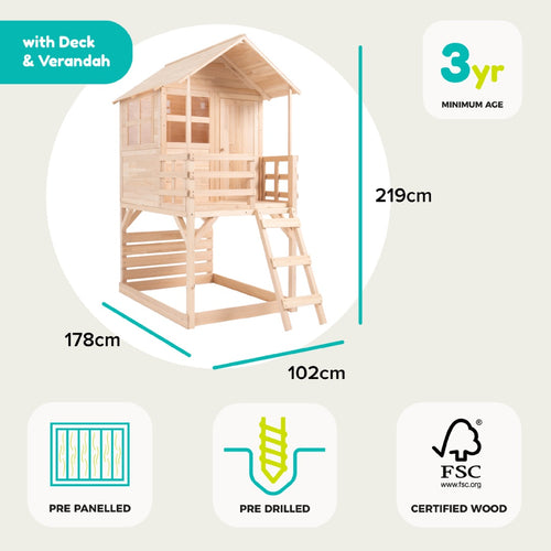 The Buttercup Cottage Wooden Playhouse with Deck & 6ft Wavy Slide by TP Toys is an FSC® certified wooden outdoor playhouse, featuring a verandah, ladder, railing, pre-panelled and pre-drilled wood construction; measures 219cm high, 178cm wide, and 102cm deep; suitable for children ages 3 and up.