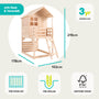 The Buttercup Cottage Wooden Playhouse with Deck & 6ft Wavy Slide by TP Toys is an FSC® certified wooden outdoor playhouse, featuring a verandah, ladder, railing, pre-panelled and pre-drilled wood construction; measures 219cm high, 178cm wide, and 102cm deep; suitable for children ages 3 and up.
