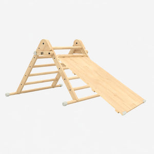 The TP Toys Active-Tots Pikler Style Wooden Climbing Triangle & Slide—crafted from FSC® certified wood—features ladder rungs and an attached flat ramp, and is displayed on a plain white background.