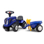 The TP Toys Falk New Holland Ride-on Tractor with Trailer, Rake & Shovel features a blue tractor, steering wheel, black seat, four wheels, and a trailer carrying a yellow rake and shovel—ideal for gardening play and motor skill development.
