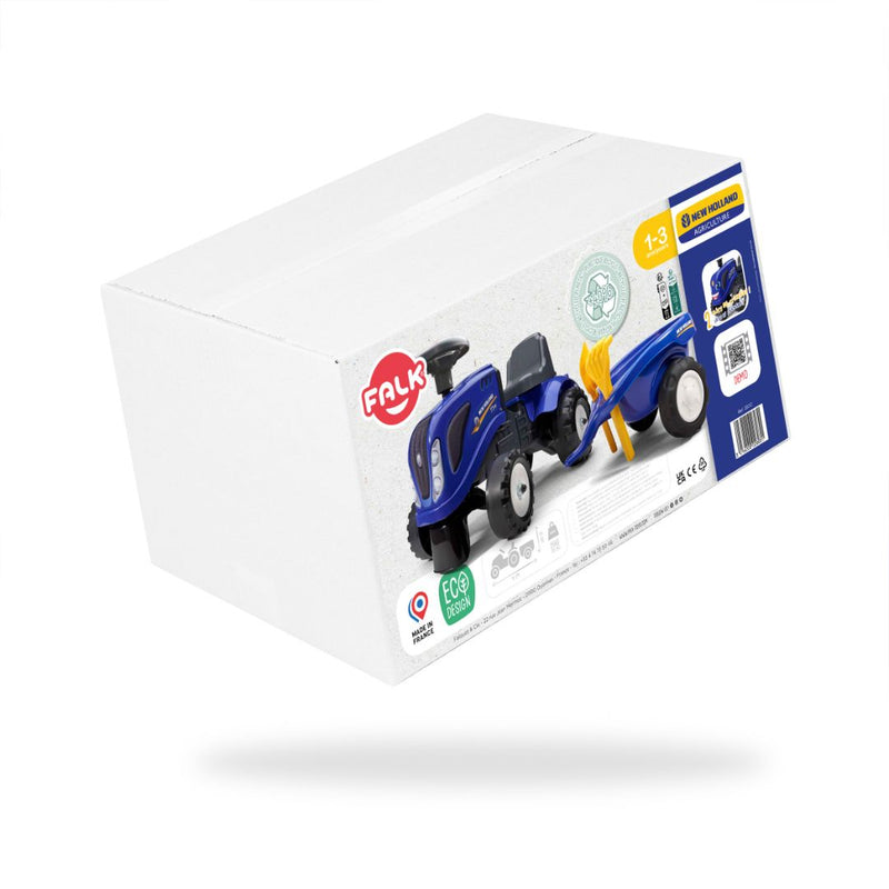 A white box shows the TP Toys Falk New Holland Ride-on Tractor with Trailer, Rake & Shovel, ideal for ages 1-3. Product images and logos highlight this fun toy that boosts motor skills and encourages gardening play.