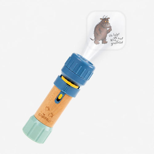 The Gruffalo Projecter by TP Toys shines the Gruffalo and the words Oh help! Oh no! It’s a gruffalo! onto a white background—a perfect gift for fans.