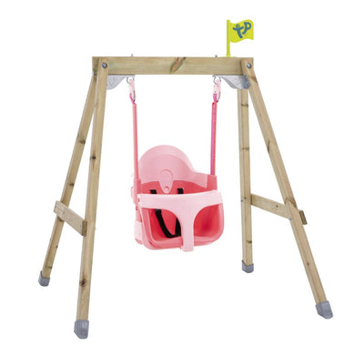 The TP Forest Acorn Growable Swing Set with Quadpod by TP Toys features an FSC®-certified wooden frame, a pink 4in1 Quadpod baby swing seat, sturdy ropes, and a small yellow flag on top.
