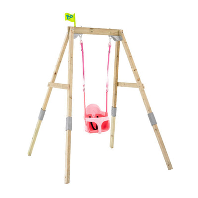 The TP Toys TP Forest Acorn Growable Swing Set with Quadpod features a pink baby swing seat with pink straps, topped by a small green flag—perfect for toddlers, just like the 4in1 Quadpod. FSC® certified.