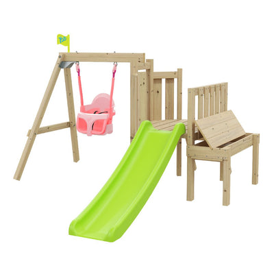 The TP Toys TP Forest Toddler Wooden Pink Quadpod Swing Set & Slide (FSC® certified) features a pink Quadpod seat, slide, bench, and platform—perfectly designed for toddlers to enjoy safe outdoor fun.