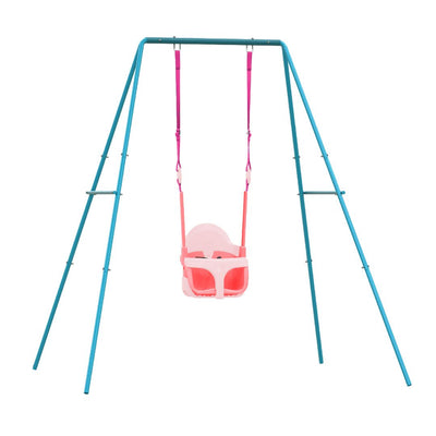 The TP Toys Small to Tall 2 in 1 Metal Swing Set features a blue adjustable frame and a pink Quadpod seat, offering two swing options and pink safety straps to grow with your child.