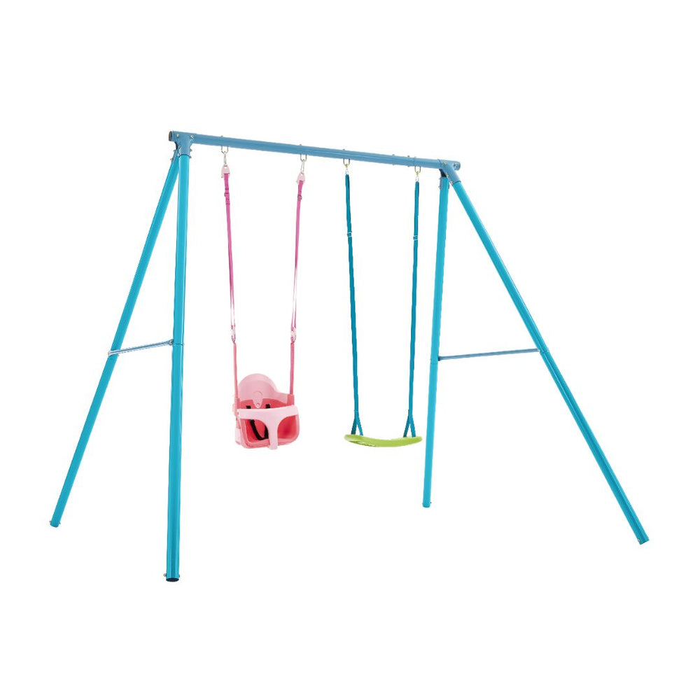 The TP Toys TP Deluxe Double Metal Swing with Rapide & Pink Quadpod seats features a powder-coated steel frame, a pink baby seat on the left, and a green flat seat on the right, both suspended by ropes.