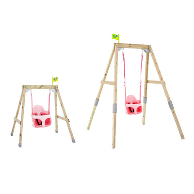 Two TP Toys TP Forest Acorn Growable Swing Sets with pink Quadpod 4in1 baby seats and small yellow flags, in different sizes on a white background. FSC® certified and designed to grow with toddlers.