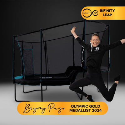 A woman in athletic wear jumps and smiles in front of the TP Toys Infinity® Leap – 2 level Trampoline. Text reads: Bryony Page, Olympic Gold Medallist 2024 and Infinity Leap, with a logo in the top right corner.
