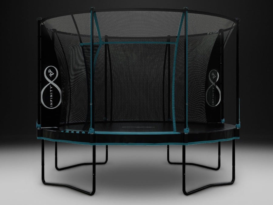 The TP Toys TP 10ft Infinity Round Trampoline features a black frame with teal accents, safety netting, and delivers superior bounce performance—perfect for fun in any yard.