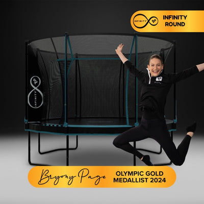 A woman in athletic wear jumps and smiles before the TP Toys TP 10ft Infinity Round Trampoline, with text stating Bryony Page, Olympic Gold Medallist 2024, and branding highlighting its superior bounce performance.