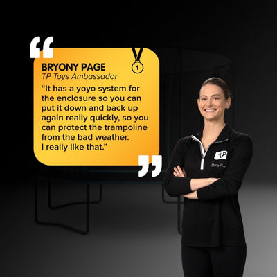 A woman in TP Toys attire stands with arms crossed beside a quote from TP Toys ambassador Bryony Page, praising the superior bounce and safety features of the TP 10ft Infinity Round Trampoline’s enclosure system.