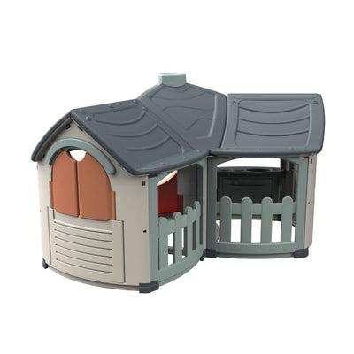 The TP Toys Palplay Grand Villa Plastic Playhouse has a gray roof, beige walls, orange door, and small fence—ideal for creative outdoor play.