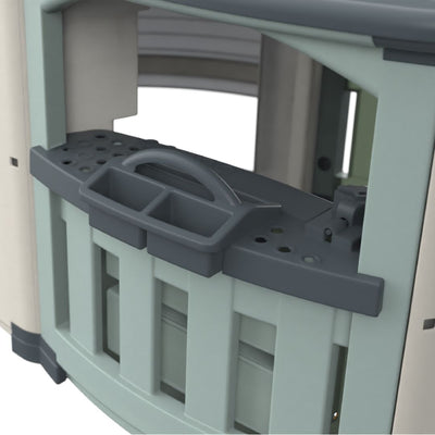 Close-up of the TP Toys Palplay Grand Villa Plastic Playhouse kitchen counter, showing a gray sink and faucet, partition, and storage compartments—perfect for imaginative outdoor play.
