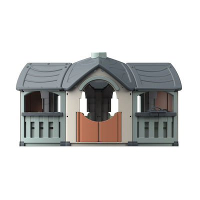 Front view of the TP Toys Palplay Grand Villa Plastic Playhouse, featuring a gray roof, arched doorway, open windows, and fence details—ideal for imaginative outdoor play on a white background.