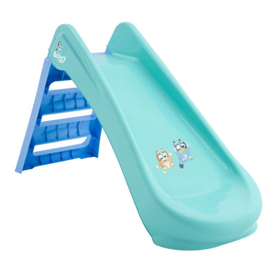 The TP Toys Bluey Plastic Folding Slide features cartoon dog characters and side ladder steps, making it a perfect indoor or outdoor playtime adventure for toddlers.