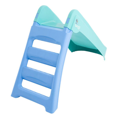 The TP Toys Bluey Plastic Folding Slide features a blue ladder and light blue sliding surface, perfect for active toddler fun indoors or outdoors.