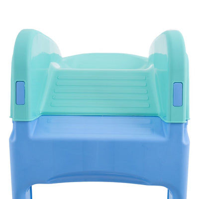The TP Toys Bluey Plastic Folding Slide features a blue and teal design with visible steps and side rails, ideal for toddlers who love Bluey play equipment. Suitable for indoor and outdoor use.