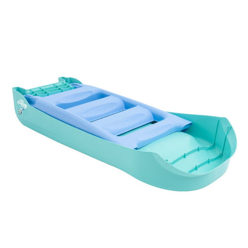 The TP Toys Bluey Plastic Folding Slide, shown in turquoise and light blue, features four molded seats and raised sides—ideal for pairing with Bluey play equipment for endless indoor or outdoor fun.