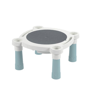 The TP Toys Palplay Misty Sky Sand & Water Play Table includes a small white and gray plastic stool with light blue detachable legs, ideal as seating for this play table or any children's activity table.