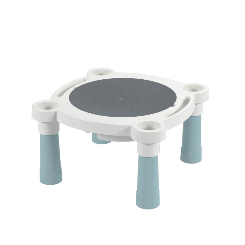 The TP Toys Palplay Misty Sky Sand & Water Play Table includes a small white and gray plastic stool with light blue detachable legs, ideal as seating for this play table or any children's activity table.