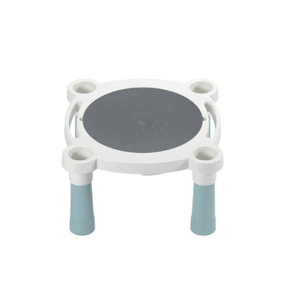The TP Toys Palplay Misty Sky Sand & Water Play Table stool is a small, white and gray plastic seat with four blue legs and cup holders, designed for added stability and function when used with children's activity tables.