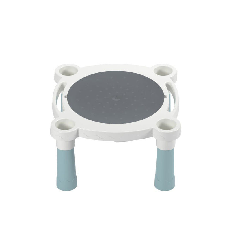 The TP Toys Palplay Misty Sky Sand & Water Play Table stool is a small, white and gray plastic seat with four blue legs and cup holders, designed for added stability and function when used with children's activity tables.
