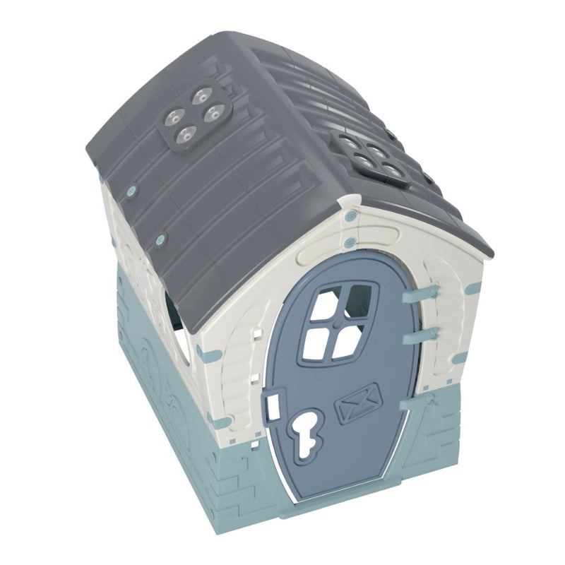 The TP Toys Palplay Plastic Misty Sky Dream Playhouse features a curved dark gray sunroof, light gray walls, and a blue door with mail slot and keyhole design—ideal for indoor or outdoor use.