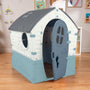 The TP Toys Palplay Plastic Misty Sky Dream Playhouse features a UV-resistant design with a grey roof, white upper walls, blue lower walls, and an open front door—perfect for vibrant indoor or outdoor children’s play.
