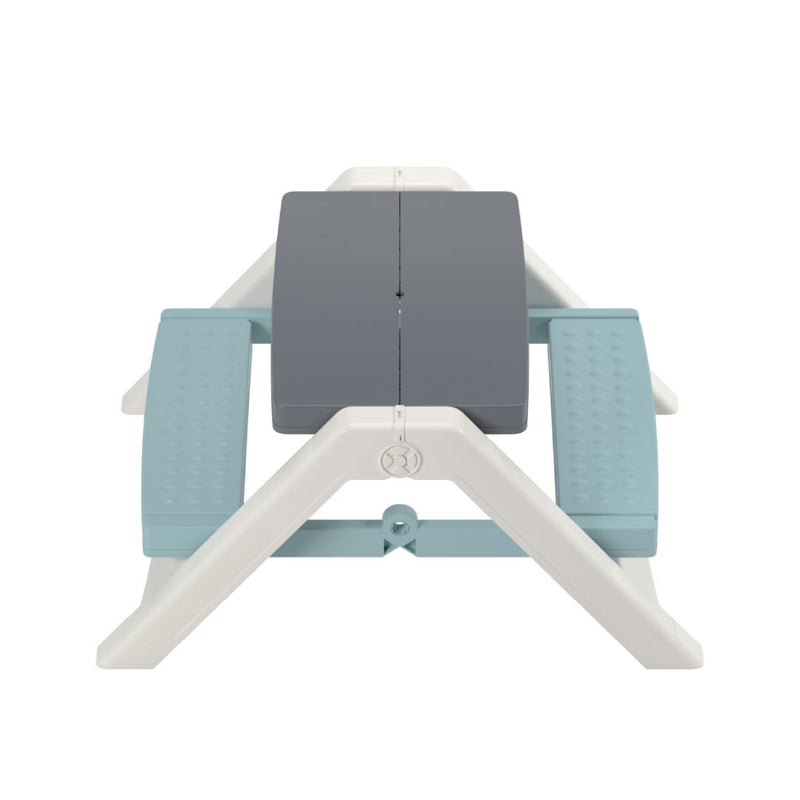 The TP Toys Palplay Folding Picnic Bench Misty Sky features a gray tabletop, blue seats, and a white frame—ideal for indoor or outdoor seating as a children's bench.