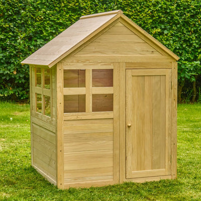 The Buttercup Cottage Wooden Playhouse by TP Toys, FSC® certified, features a pitched roof, windows, and a door—perfect as a charming garden retreat for kids.
