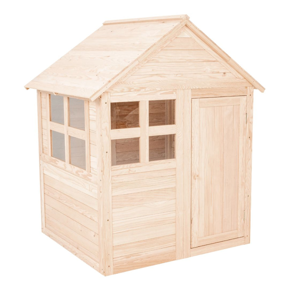 The Buttercup Cottage Wooden Playhouse by TP Toys is FSC® certified, made from unfinished light wood with a pitched roof, rectangular windows, and a single door—ideal as a charming garden playhouse.
