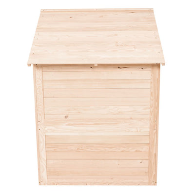 A flat, slanted-lid wooden box made from light, unfinished FSC® certified panels by TP Toys—designed to pair perfectly with the Buttercup Cottage Wooden Playhouse.