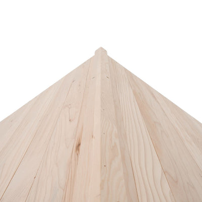 Close-up of the Buttercup Cottage Wooden Playhouse peak by TP Toys, showing quality light planks joined at an angle—an example of fine FSC® certified craftsmanship perfect for any garden.