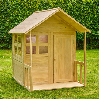 The TP Toys Buttercup Cottage Wooden Playhouse with Floor and Verandah is FSC® certified, featuring a front door, two windows, and a porch—perfect for outdoor play.