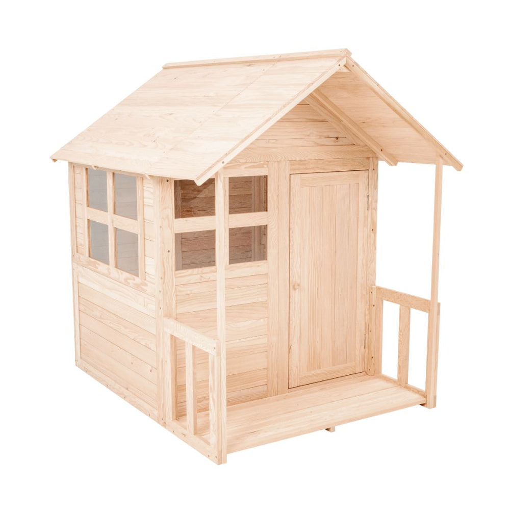 The TP Toys Buttercup Cottage Wooden Playhouse with Floor and Verandah is crafted from FSC® certified wood, featuring a front porch, door, and two left-side windows for outdoor fun.