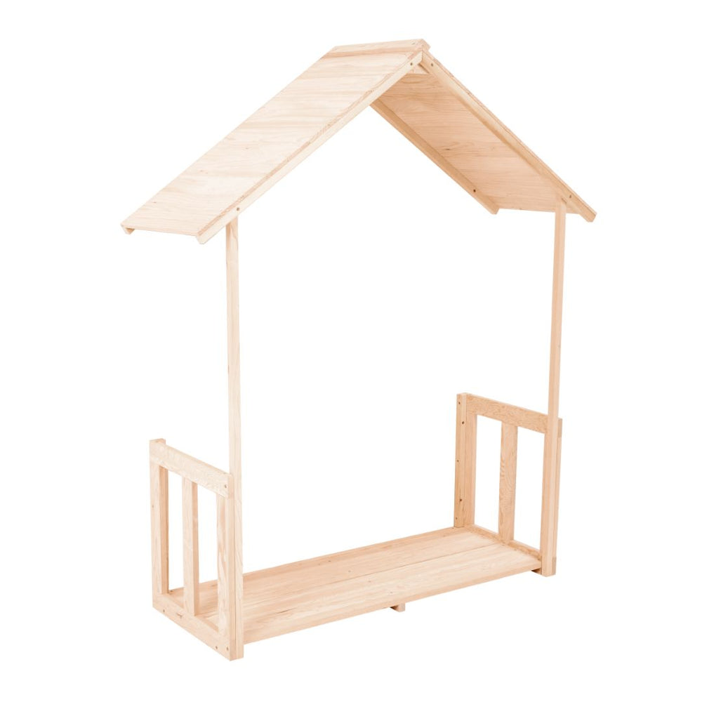 The TP Playhouse Wooden Verandah Pack by TP Toys is a light-colored, FSC certified wooden bed frame featuring a house-shaped design with an open verandah, inspired by the Buttercup Cottage Playhouse.