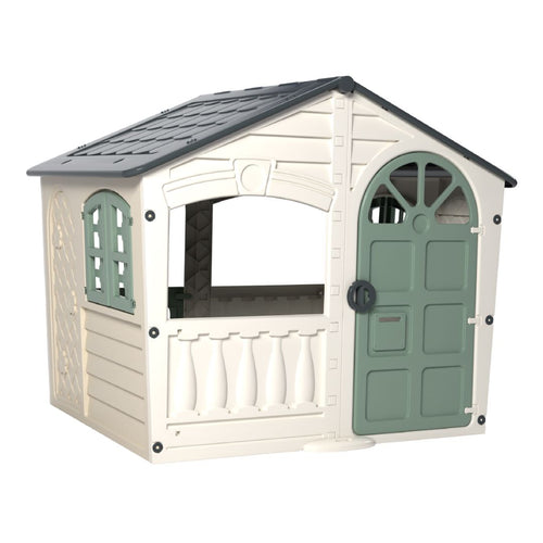 The TP Toys Palplay Plastic Playhouse of Fun Snowdrift is an outdoor playhouse with a green door, arched windows, cream walls, and a grey roof—ideal for imaginative role play.