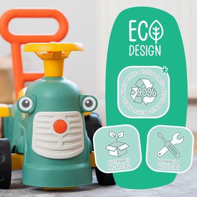 The TP Toys Falk Maurice Vintage Baby Green Tractor is crafted from 90% recycled plastic, includes a walking aid bar, eco-friendly icons, sustainable packaging, and a durable, repairable build—ideal for little ones learning to walk.