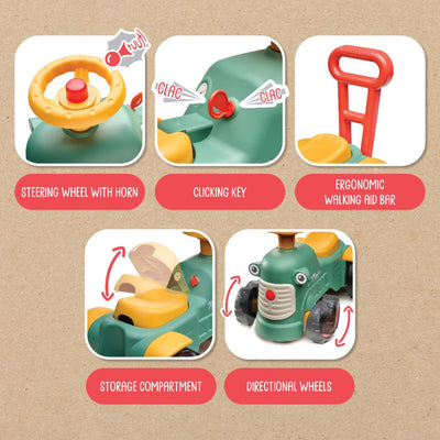 Diagram showing features of the TP Toys Falk Maurice Vintage Baby Green Tractor, including a horn, clicking key, ergonomic walking aid bar for learning to walk, storage compartment, and directional wheels.