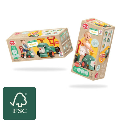 Two Falk Maurice Vintage Baby Green Tractors by TP Toys for toddlers, each with a walking aid bar for learning to walk. Eco-friendly packaging and the FSC certification logo appear in the lower left corner.