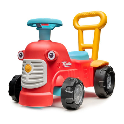 The TP Toys Falk Maurice Vintage Baby Red Tractor is a recycled plastic ride-on with large black wheels, a blue seat, a smiling front face, and a walking aid bar to help little ones learn to walk.