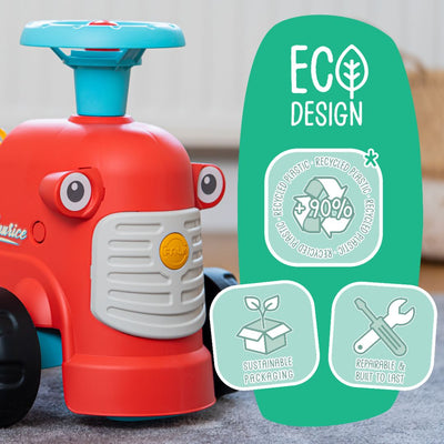 The TP Toys Falk Maurice Vintage Baby Red Tractor, made with 90% recycled plastic and sustainable packaging, features a walking aid bar and durable, repairable design—perfect for helping kids learn to walk.