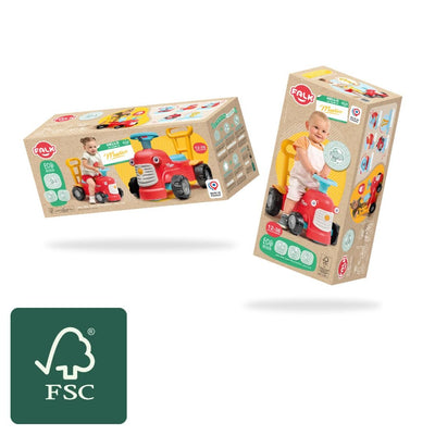 Two boxes of TP Toys Falk Maurice Vintage Baby Red Tractor, made from red recycled plastic, feature images of toddlers riding and using the walking aid bar, plus the FSC certification logo.