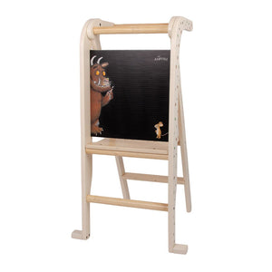 Introducing the Gruffalo Wooden Helper Tower – FSC® certified by TP Toys, a charming wooden kitchen learning tower featuring a blackboard panel illustrated with the lovable large brown Gruffalo character and a small mouse. This versatile helper tower doubles as a toddler step stool, offering safety, creativity, and fun for little kitchen helpers.