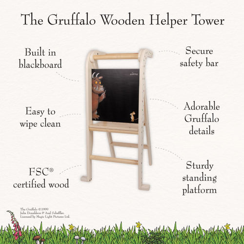 The Gruffalo Wooden Helper Tower – FSC® certified by TP Toys is a versatile kitchen learning tower that features a built-in blackboard, safety bar, wipeable surface, sturdy standing platform, and is crafted from FSC certified wood. This toddler step stool encourages independence and creativity in your little one.