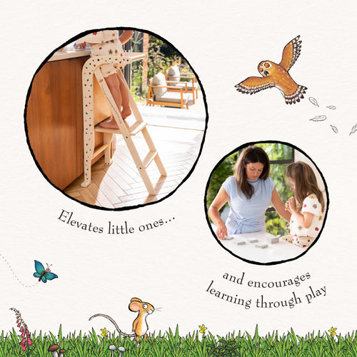 A child climbs The Gruffalo Wooden Helper Tower – FSC® certified by TP Toys; in another circle, an adult and child share a learning activity at a table. Illustrations of a bird, mouse, and butterfly surround the images.
