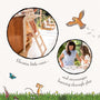 A child climbs The Gruffalo Wooden Helper Tower – FSC® certified by TP Toys; in another circle, an adult and child share a learning activity at a table. Illustrations of a bird, mouse, and butterfly surround the images.