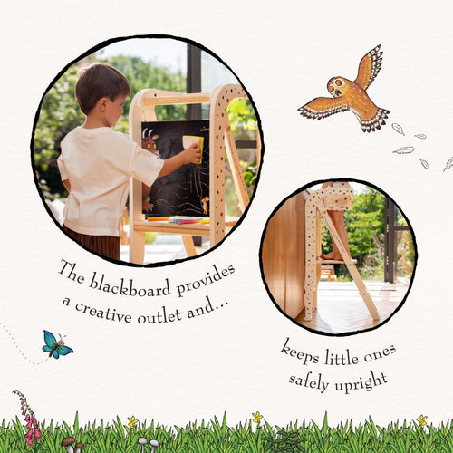 Indoors, a child draws on a blackboard easel, while nearby the TP Toys The Gruffalo Wooden Helper Tower – FSC® certified serves as a sturdy step stool for toddlers; a separate close-up highlights the easel’s stable legs resting on the floor.